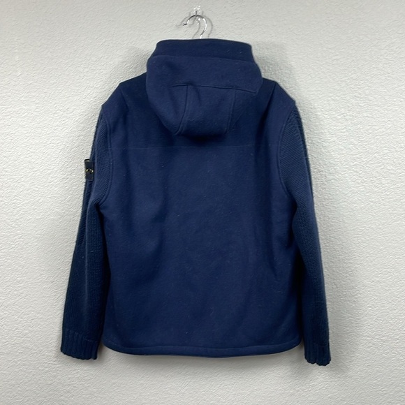 New Stone Island Logo Appliqued Wool Blend Hooded Jacket Blue Knit Sleeve Sz M - Picture 7 of 16